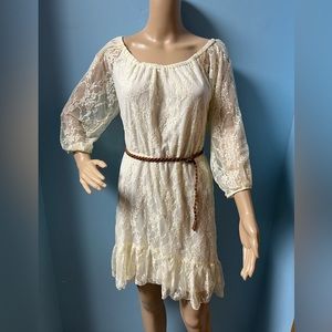 Heart Soul Ivory Sheer Lace Lined 3/4 Sleeve Belted Waist Summer Dress Medium